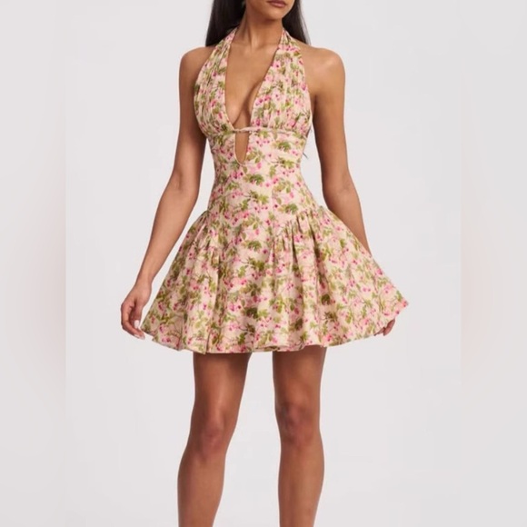 NWT Romantic Floral Halter Mini Dress - Sleeveless Ruffle Skater Look S-L - Picture 4 of 12